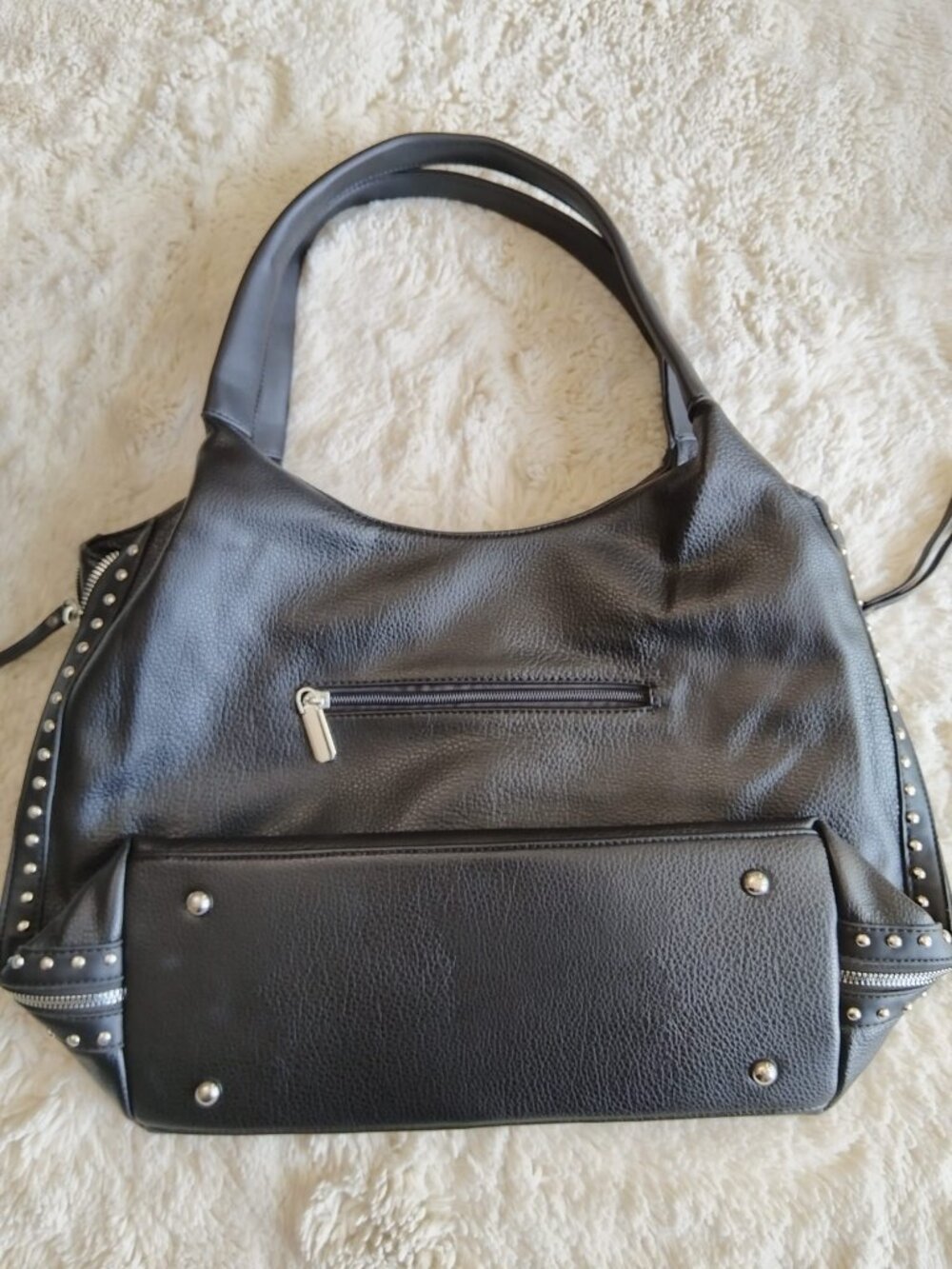 Black Pebble Leather Studded Hobo Bag Shoulder Tote Zipper Accents Edgy Rocker - Picture 8 of 12